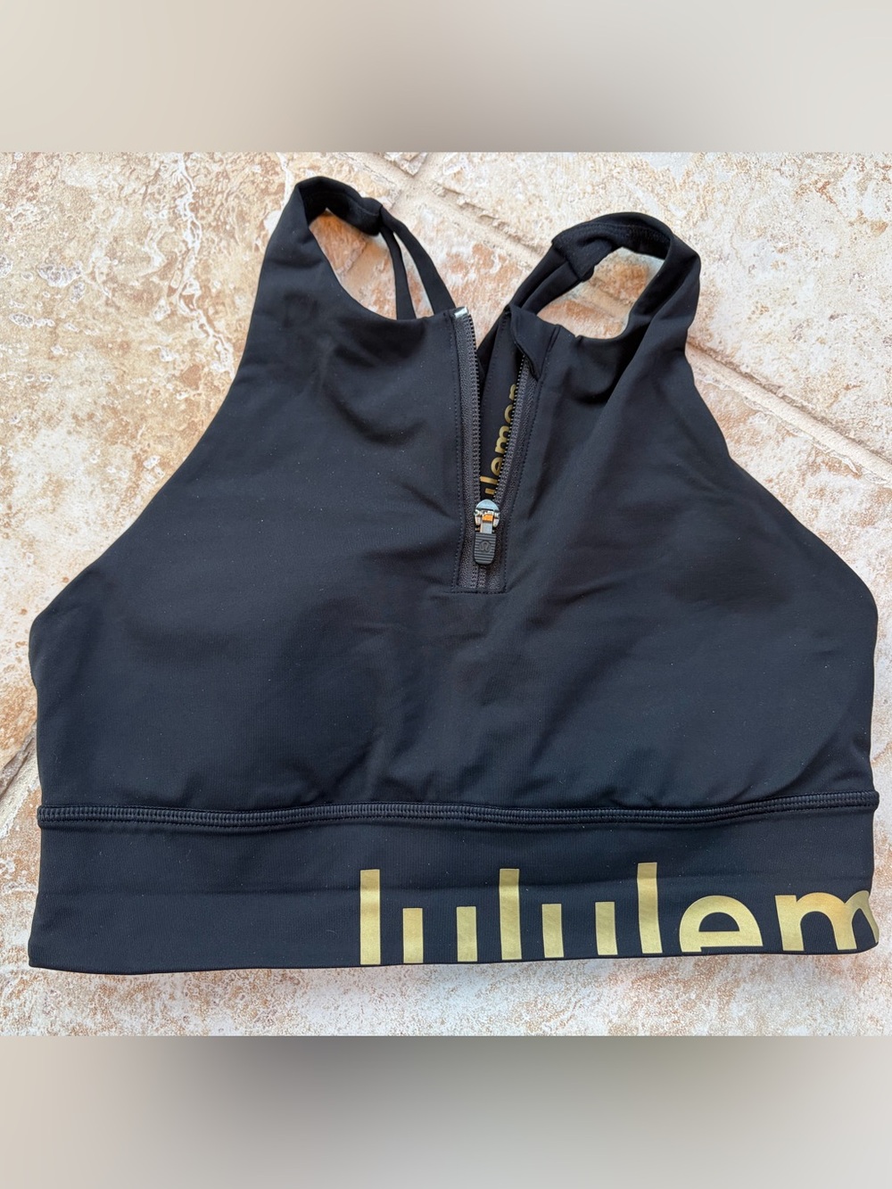 Lululemon Black Zip-Front Sports Bra with Gold Logo size 8